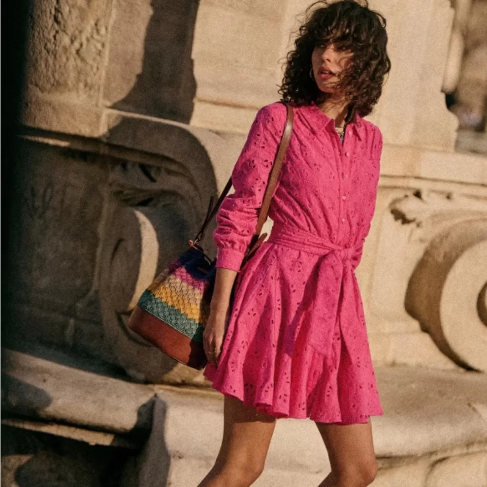 Sezane Sol pink Embroidered Eyelet Button Down Skater Skirt Dress size 8 - Picture 1 of 8
